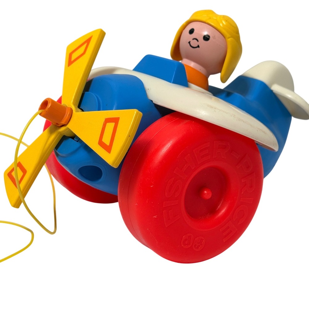 Vintage 1980 Fisher Price Little People Pull Toy Airplane Blue Red White 171